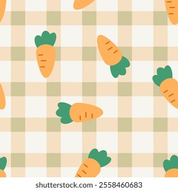 Seamless baby pattern orange carrot on a gingham pattern. Cartoon style. Vegetable, healthy vegan food or easter theme. Design for clothing, wallpaper, decoration, paper gift, phone case, stationery.