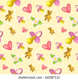 Seamless baby pattern with pacifier, heart, teddy bear and flower