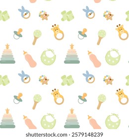 Seamless baby pattern with pacifiers, rattles, stacking rings, bottles, bibs, and socks in soft pastel colors. Perfect for nursery decor, baby shower invitations, fabric prints, and kids' products.