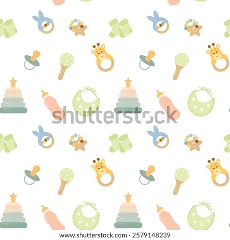 Seamless baby pattern with pacifiers, rattles, stacking rings, bottles, bibs, and socks in soft pastel colors. Perfect for nursery decor, baby shower invitations, fabric prints, and kids' products.
