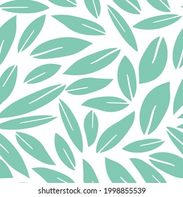 Seamless baby pattern with pastel green hand drawn leaves on a white background. The pattern can be used for wrapping papers, invitation cards, wallpapers, covers, textile prints. Vector, eps 10.