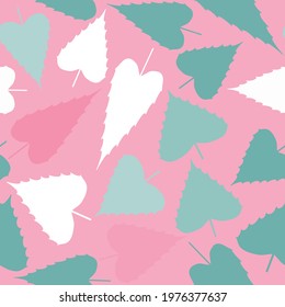 Seamless baby pattern with pink, green and white hand drawn leaves on a pastel pink background. The pattern can be used for wrapping papers, cards, wallpapers, covers, textile prints. Vector.