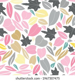 Seamless baby pattern with pink, grey and yellow hand drawn leaves on a white background. The pattern can be used for wrapping papers, cards, wallpapers, covers, textile prints. Vector, eps 10.