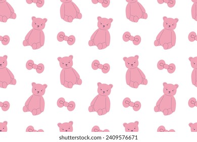 Seamless baby pattern. Pink toy bear and bow. Cute ornament for baby clothes, wallpaper, wrapping paper