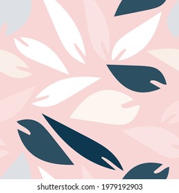 Seamless baby pattern with pink , white and blue hand drawn leaves on a pastel pink background. The pattern can be used for wrapping papers, cards, wallpapers, covers, textile prints. Vector