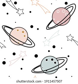 
Seamless baby pattern with planet. Fashionable space texture for fabric, apparel, textile, wallpaper. Vector illustration