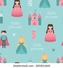 Seamless Baby Pattern With A Princess, A Prince, A Castle. Vector Illustration On A Blue Background