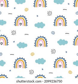 El arcoiris de patrón de bebé sin soldadura con nubes sobre fondo blanco, dibujadas a mano, diseñado en un estilo de caricatura. Empleados para impresiones, papel de pared decorativo, motivos para prendas de vestir, textiles Ilustración vectorial