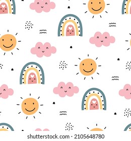 Seamless baby pattern rainbow with clouds on white background, hand drawn, designed in a cartoon style. Used for prints, decorative wallpaper, baby clothes motifs, textiles Vector Illustration