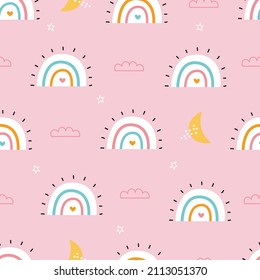 Patrón de arco iris sin foco, con nubes sobre fondo rosado, dibujadas a mano, diseñadas en un estilo de dibujos animados. dEmpleados para impresiones, papel de pared decorativo, motivos para prendas de vestir, textiles