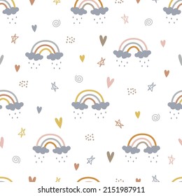 Seamless baby pattern rainbow with clouds on white background
