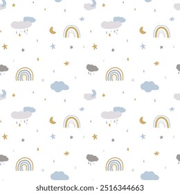 Seamless baby pattern rainbow with clouds on white background, hand drawn, designed in a cartoon style. Vector seamless pattern. Cute Rainbow, Sun and Clouds on white background. EPS10