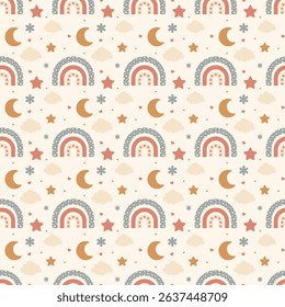 Seamless baby pattern with rainbow, moon, stars, clouds, and hearts in soft pastel colors. Cute and simple background for nursery, kids' fabric, and baby products.