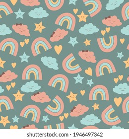 Nahtloses Babymuster mit Regenbogen, Wolken und Sternen. Zum Bedrucken von Kleidung, Gewebe, Babybetten, Packpapier