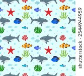 Seamless baby pattern with sea animals for kids, shark and fish, cartoon background