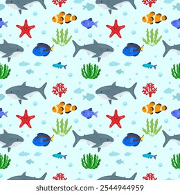 Seamless baby pattern with sea animals for kids, shark and fish, cartoon background