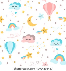 Seamless baby pattern Sky elements - rainbow moon stars smiling clouds hot air balloon cute bear Creative childish style kids texture for fabric wrapping textile wallpaper apparel. Vector illustration