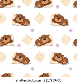 Seamless baby pattern sleepy teddy bear on the pillow. Sleep. Packing paper. Textile