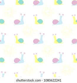 Seamless baby pattern with snails and sun. Best Choice for cards, invitations, printing, party packs, blog backgrounds, paper craft, party invitations, digital scrapbooking.