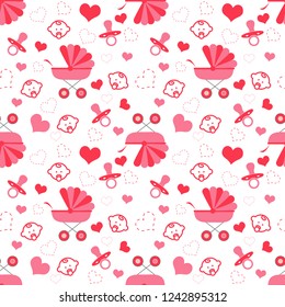 seamless baby pattern with a stroller and a pacifier heart