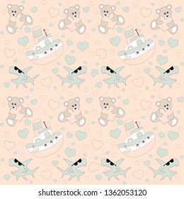 seamless baby pattern with Teddy bear, hearts and shark boats