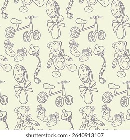 Seamless baby pattern with teddy bears, tricycles, pacifiers, socks and brushes in doodle style. Concept represents childhood sweetness, care and early development accessories