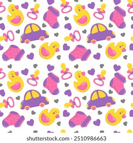  Seamless baby pattern with toy car, sock, pacifier, duck and heart. Cute baby background. Stock image isolated on white background 