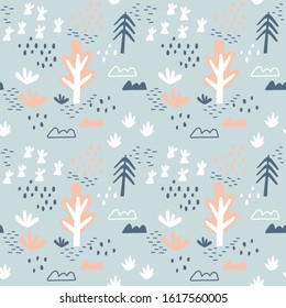 Seamless baby pattern with trees and other plants, Doodle elements. Hand drawn vector background. Great for fabric, textile . Pink, blue, cyan and white colors.
