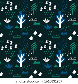 Seamless baby pattern with trees and other plants, Doodle elements. Hand drawn vector background. Great for fabric, textile . Green, blue, black, white