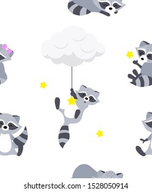 Seamless baby pattern. Vector illustration with raccoons. Cute raccoons illustration for nursery poster, t-shirt, Kindergarten, Christmas and New year party, baby shower.