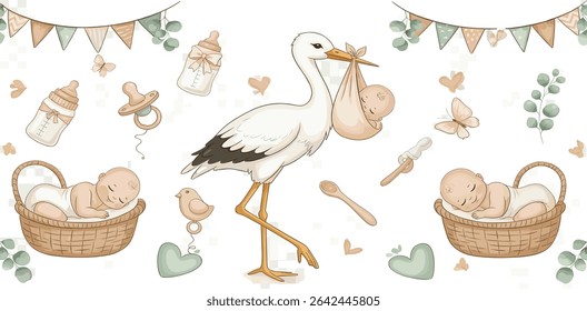 Seamless baby Pattern with watercolor Baby elements like stork, pacifier, bottle, toys, bunting, and infant in crib in pastel colors. Illustration of background for baby textile or nursery wallpaper.
