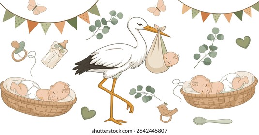Seamless baby Pattern with watercolor Baby elements like stork, pacifier, bottle, toys, bunting, and infant in crib in pastel colors. Illustration of background for baby textile or nursery wallpaper.
