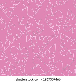 Seamless baby pattern with white outline tropical monstera leaves on a pink background. The pattern can be used for wrapping papers, invitation cards, wallpapers, covers, textile prints.Vector, eps 10