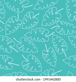 Seamless baby pattern with white outline tropical monstera leaves on a pastel mint green background. The pattern can be used for wrapping papers, cards, wallpapers, covers, textile prints. Vector