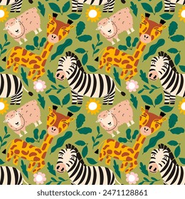 Seamless baby pattern with wild animals. Giraffe, zebra, sheep. Vector illustration.