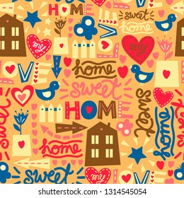 Seamless baby pattern with words and inscriptions Love, Home, Sweet. Children s background. House decor. Textile