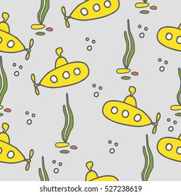 Seamless baby pattern. Yellow submarines and seaweed on gray background.