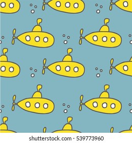 Seamless Baby Pattern. Yellow Submarines On Blue Background.