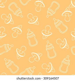 Seamless baby pattern in yellow tones with a bottle and nipple