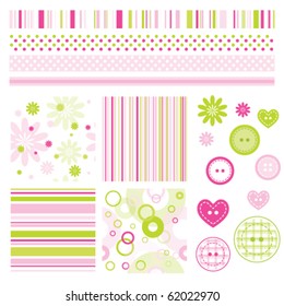 Seamless baby patterns with flowers  and lines. Lovely templates for scrapbook, craft, home projects, invitations, baby shower, party announcements.
Nice modern decorative textures and design elements