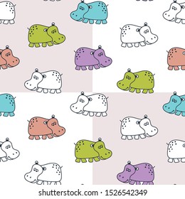 Seamless baby patterns with funny hippos in bright colors. Vector illustration in Scandinavian style.