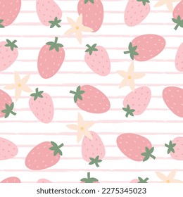 Seamless baby patterns strawberry on a striped pattern. Hand-drawn design in cartoon style. design for Newborn apparel, textiles, wallpaper, decoration