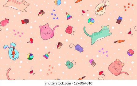 Seamless baby peach-colored background with animals and toys. Pattern with cats, mice, toys and sweets. Design for Wallpaper, clothes, bed linen or children's room.