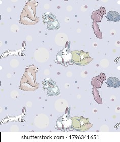 Seamless baby print with cute animals. Gentle print on a blue background with circles. Fabulous animals - chanterelle, rabbit, hare, squirrel and teddy bear