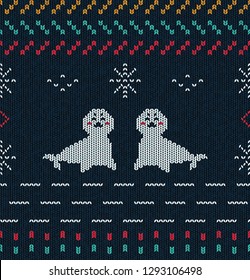 Seamless baby seals pattern with cute white animals in knitted rustic style on dark blue background. Can be used for a backdrop, wallpaper, textile, wrapping paper, children clothes.