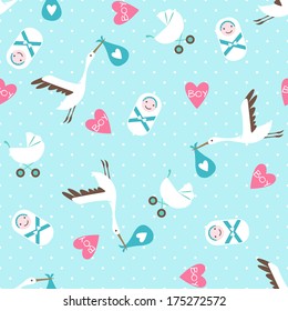 Seamless baby shower pattern on blue background. Vector illustration