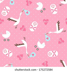 Seamless baby shower pattern on pink background. Vector illustration