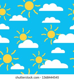 Seamless baby summer pattern with sun and cloud. Endless kids colorful yellow and blue ornament. Creative decor design for fashion clothes, fabric textile, wrap,  print, wallpaper for children