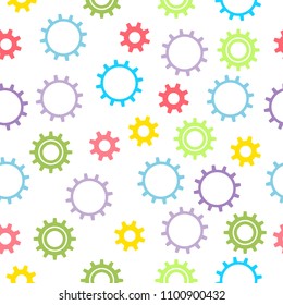 Seamless baby texture with colored gears on a light background. Vector illustration.