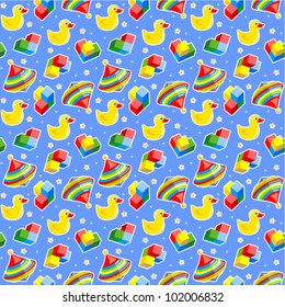 Seamless baby toys background, wallpaper, or repeat pattern with colorful spinning tops, rubber ducks and building blocks ( for high res JPEG or TIFF see image 101746300 )